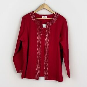 NWT Quacker Factory Red Embellished Cardigan Sweater Open Front Women's 1X